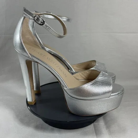 Stuart Weitzman Women's Silver Leather Discoplatform Sandals Shoe Size 7-NEW - Picture 1 of 9